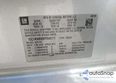 2015 Chevrolet Silverado 2500Hd Ltz z USA, uszkodzony, nr VIN 1GC1KWE89FF644117